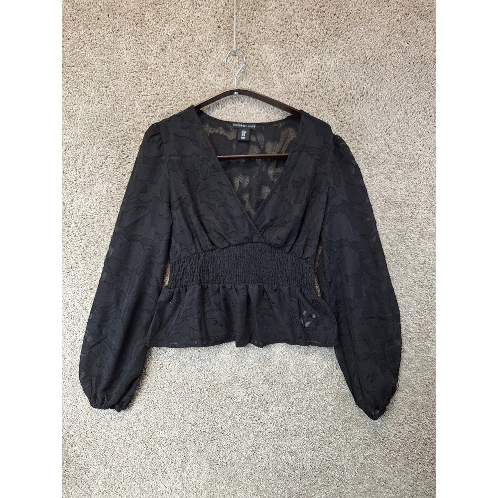Sincerely Jules Blouse Top Women Medium Black Jacquard Shirred Waist Wrap V Neck